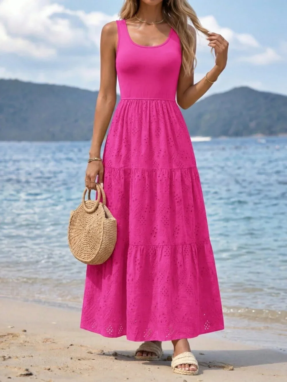 Hot Pink Casual Women's Sleeveless A-Line Tiered Maxi Dress Beach
